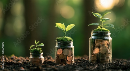 Small plants growing in glass jars filled with coins on soil for investment