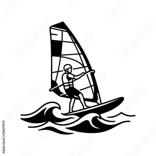 Windsurfer Riding Ocean Waves Vector Illustration - Extreme Water Sport Line Art Icon