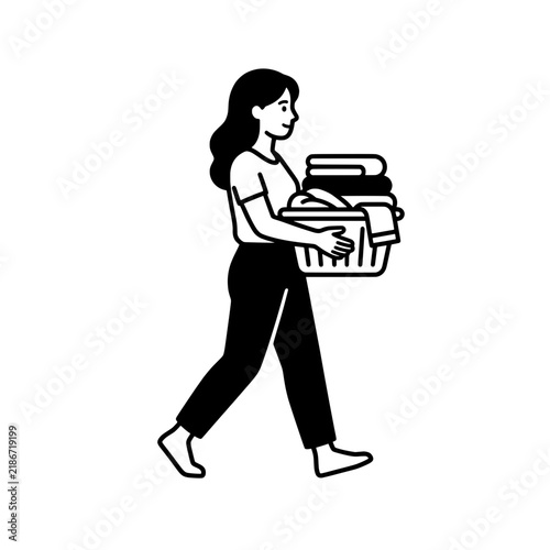 Woman Carrying Laundry Basket Vector Illustration - Housework Line Art Icon