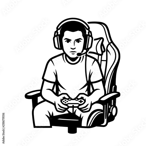 Gamer Sitting in Chair with Controller Vector Illustration - Esports Gaming Line Art Icon