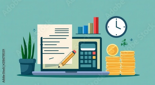 Digital financial planning tools and investment management icons on laptop