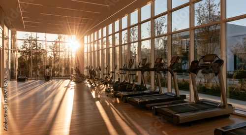 Row of treadmills in a modern gym with sunset light and floor to ceiling windows