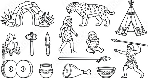 Photography Prehistoric caveman vector illustration element set featuring primitive people, stone tools, weapons, ancient animals, a fire, and a cave for educational history design