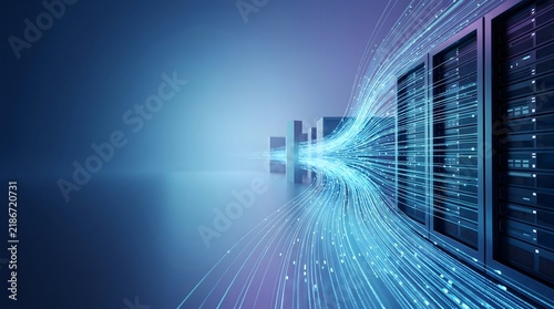 High speed data light trails flowing through server racks
