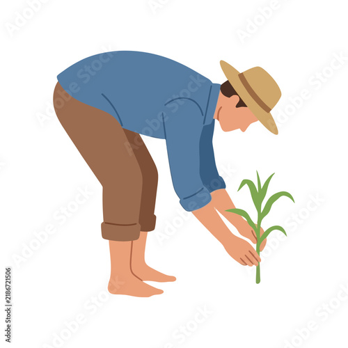 Vector Illustration of a Peasant Farmer Wearing a Straw Hat Tending to a Young Growing Green Plant