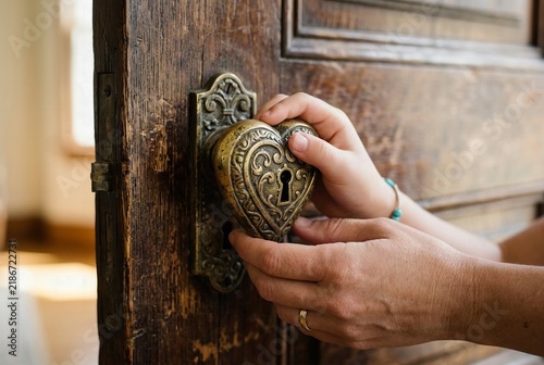 Detailed close up of a mother and daughter's hands on an antique heart-shaped brass door handle on an old wooden door for old-world lifestyle branding and promotion.