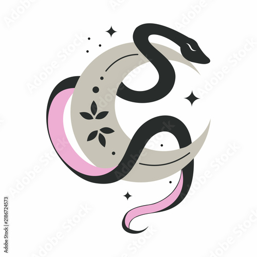 Black snake and moon. Mystical vector illustration on white background. Aesthetic image for design of logo or postcard.