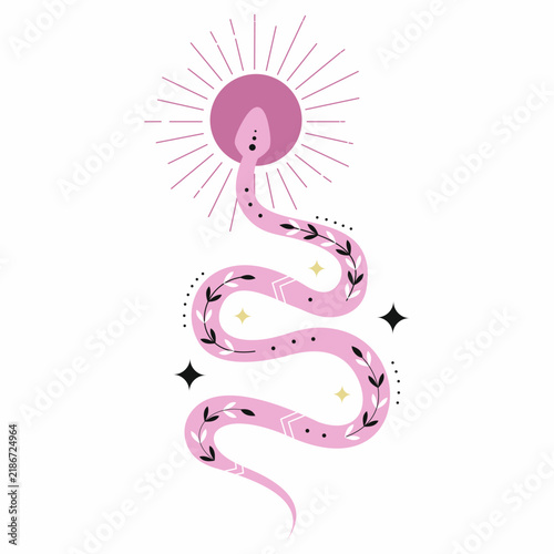 Pink snake with decorative twig pattern. Illustration on white background.