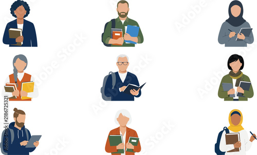 Diverse multicultural group of students and teachers avatars set isolated on background, flat vector illustration of college university people holding books and backpacks