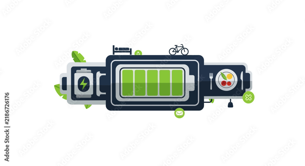 Fototapeta premium Battery Recharge Concept for Holistic Health, Nutrition, Sleep, and Fitness Lifestyle Vector Illustration