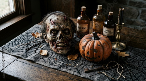 Fototapeta kuchenna Zombie Head Prop with Antique Poison Bottles and Carved Pumpkin
