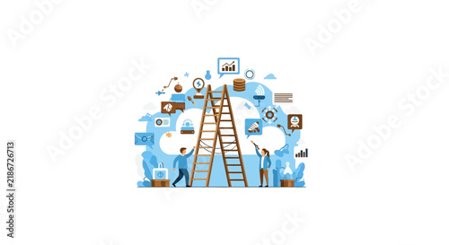 Business Growth and Cloud Computing Concept Vector Illustration with Team and Ladder