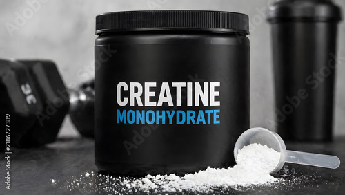 Black creatine monohydrate container with a scoop and gym equipment  