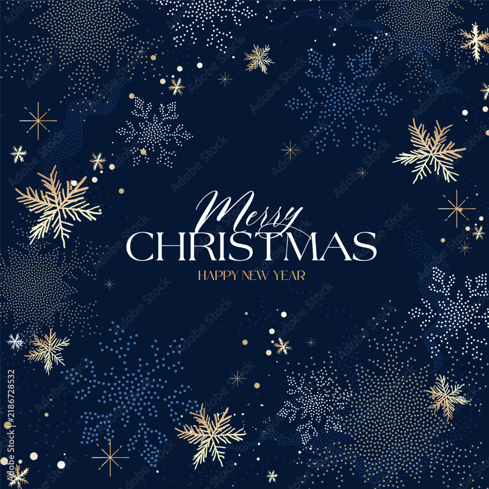 Obraz premium Merry Christmas luxury packaging vector background with gold snowflakes on dark blue for festive wrapping paper, gift boxes, labels and greeting cards