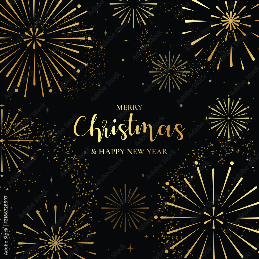 Obraz premium Merry Christmas and Happy New Year vector background with gold fireworks on black for festive greeting cards, invitations, posters and seasonal packaging