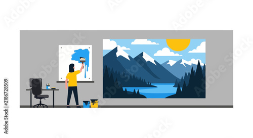 Artist Painting Large Mountain Landscape Mural on Office Wall Illustration