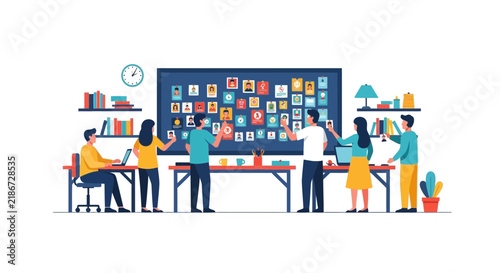 Flat Vector Illustration of HR Team Managing Recruitment and Talent Selection on Profile Board