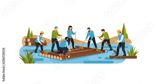 Teamwork Concept: Group Building a Log Raft Together