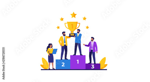 Business Success Vector Illustration - Team Celebrating Victory on Winner Podium with Trophy