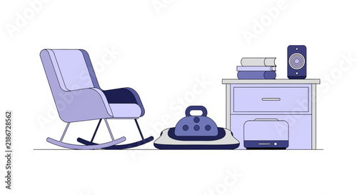 Minimalist Living Room Vector with Rocking Chair and Smart Home Gadgets
