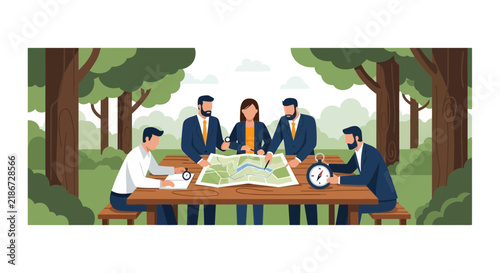 Business Team Strategy and Planning with Map and Compass in Forest Setting Vector Illustration