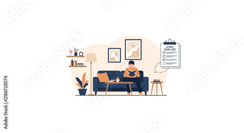 Man Reading on Sofa with 4 Day Task List Productivity Illustration