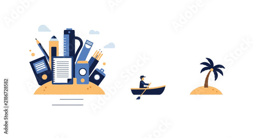 Flat vector illustration of man rowing from office supplies island to tropical palm tree island, work-life balance concept