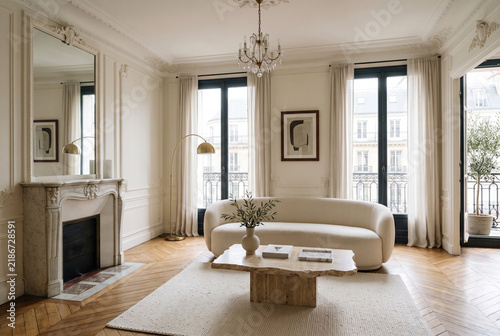French Haussmann Apartment Interior with Modern Curved Boucle Sofa