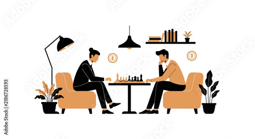 Business professionals playing chess in a modern office, representing corporate strategy and competition.