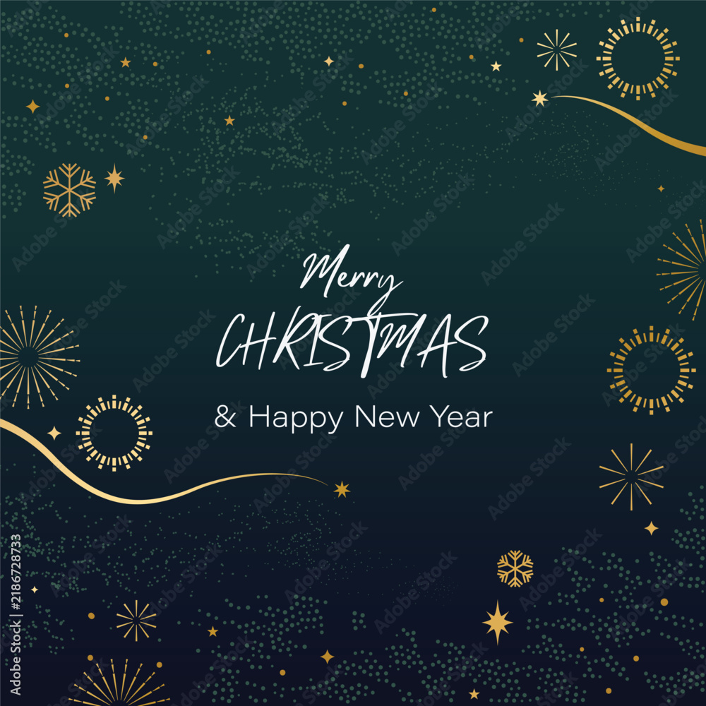 Obraz premium Merry Christmas and Happy New Year vector background with gold stars and ornaments on navy blue for elegant greeting cards, invitations and holiday packaging