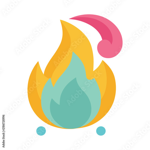 Stylized flame icon with pink swirl and blue dots