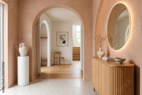Contemporary Minimalist Entryway Foyer with Plaster Arches and Backlit Mirror