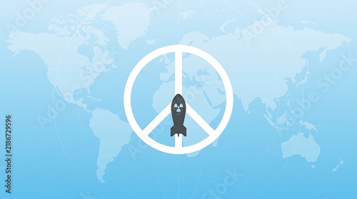 Nuclear bomb symbol inside a peace sign over a blue world map background.