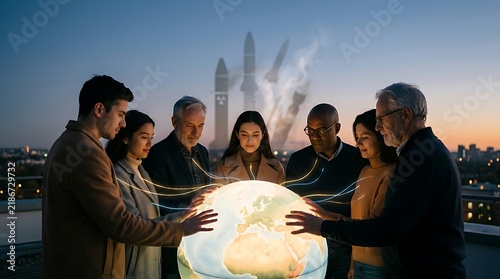 Diverse group of people collaborating around a glowing holographic globe with rocket launch background.