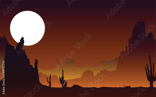 Howling Wolf Silhouette on Cliff at Full Moon Illustration
