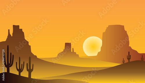 Desert Landscape with Mesas and Cacti Silhouette Illustration