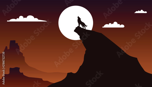 Howling Wolf Silhouette on Cliff at Full Moon Illustration