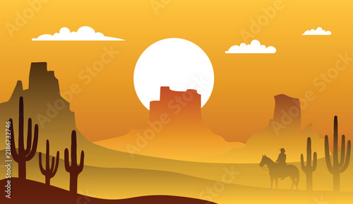 Desert Landscape with Mesas and Cacti Silhouette Illustration