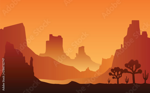 Desert Landscape with Mesas and Cacti Silhouette Illustration