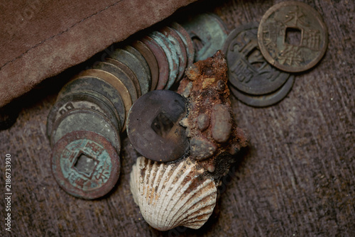 Фотография Ancient Chinese Cash Coin Collection with Mineral Encrustation
