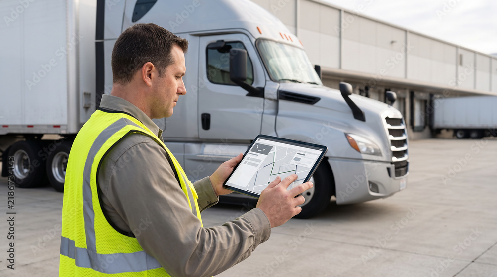 Obraz premium Truck Driver Using Digital Tablet / Fleet Management