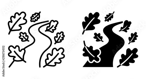 Autumn Oak Leaf Path Icons, Winding Road Vector Graphics, Seasonal Nature Symbols