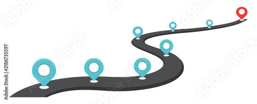 Road map infographic with pointer pins showing navigation route, progress, business growth, journey, goals, and successful destination