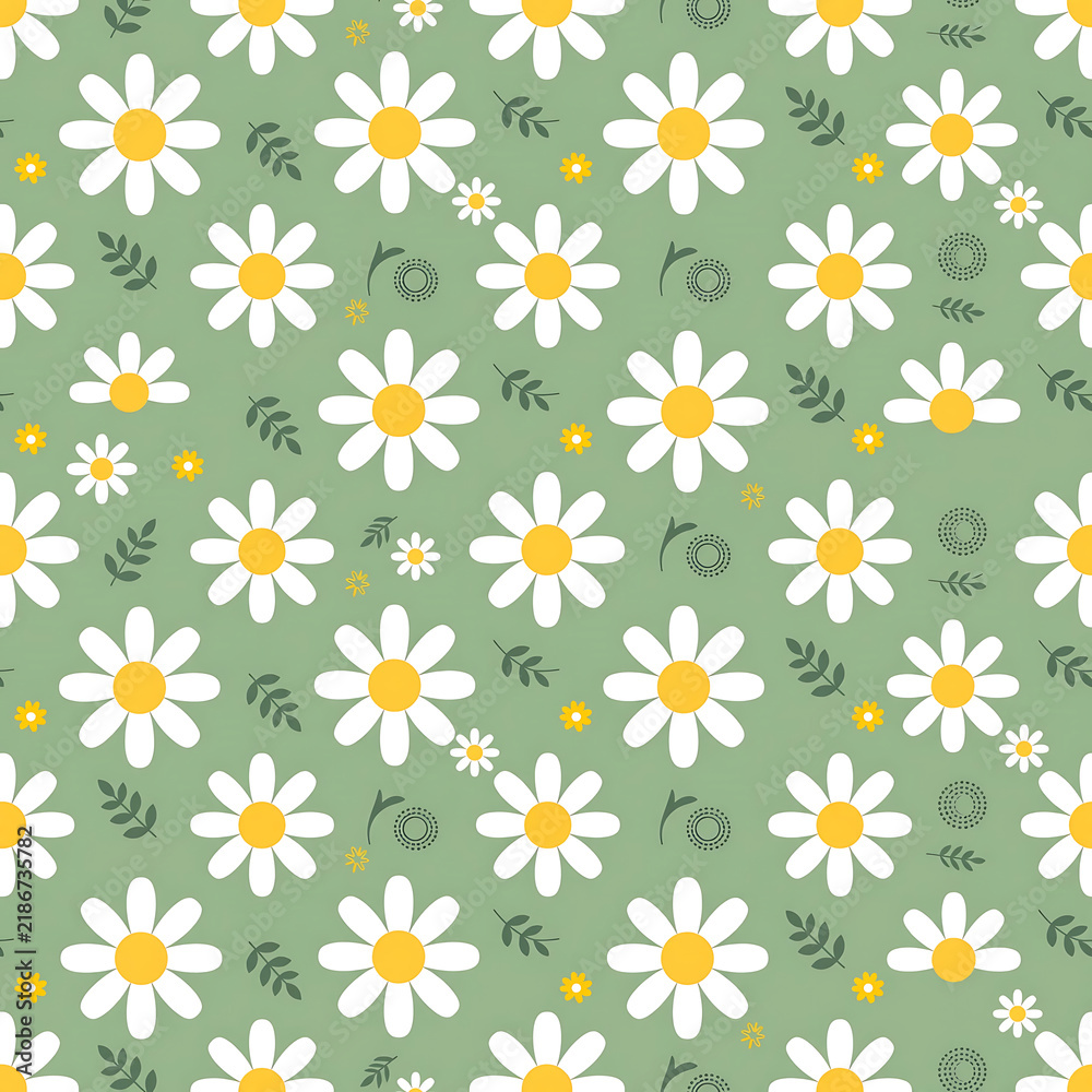 Retro 70s daisy flower power seamless pattern white yellow on sage green flat vector perfect repeat for vintage fashion textile wallpaper.