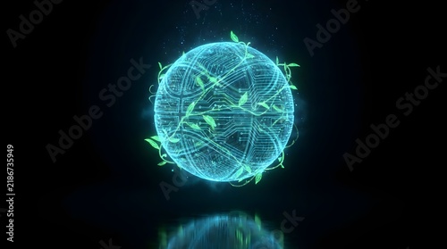 Futuristic digital earth globe with green leaves, glowing blue hologram planet, eco-friendly technology concept for sustainability