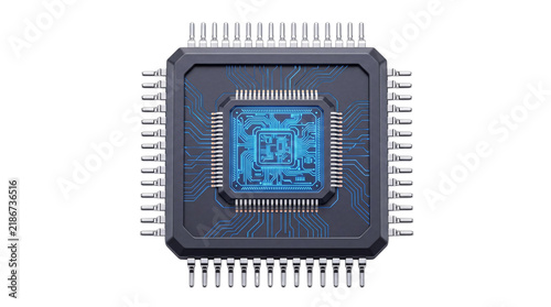 Photography Detailed microprocessor chip with blue circuitry and png on transparent backgrou