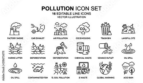 Pollution Icon Set 16 Editable Line Icons Vector Illustration Environment Contamination Emission Outline Symbols Collection Design