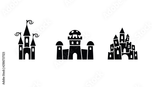 Three distinct black castle silhouettes ranging from a whimsical fairytale palace to a medieval stone fortress.