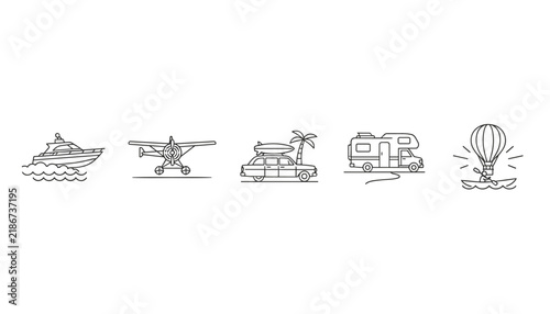 Line art icon set of vacation travel transport including a yacht, airplane, surf car, camper van, and kayak.