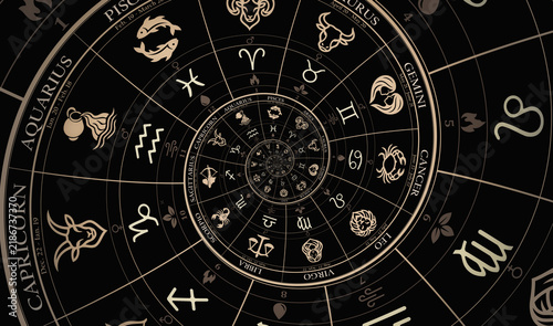 Zodiac Wheel Spiral With Astrological Signs and Horoscope Symbols in Dark Mystic Design